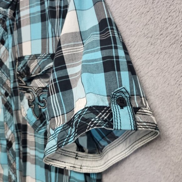 Rock Revival Shirt Mens Large Blue Plaid Button Up Western Cowboy Short Sleeve - Picture 8 of 9